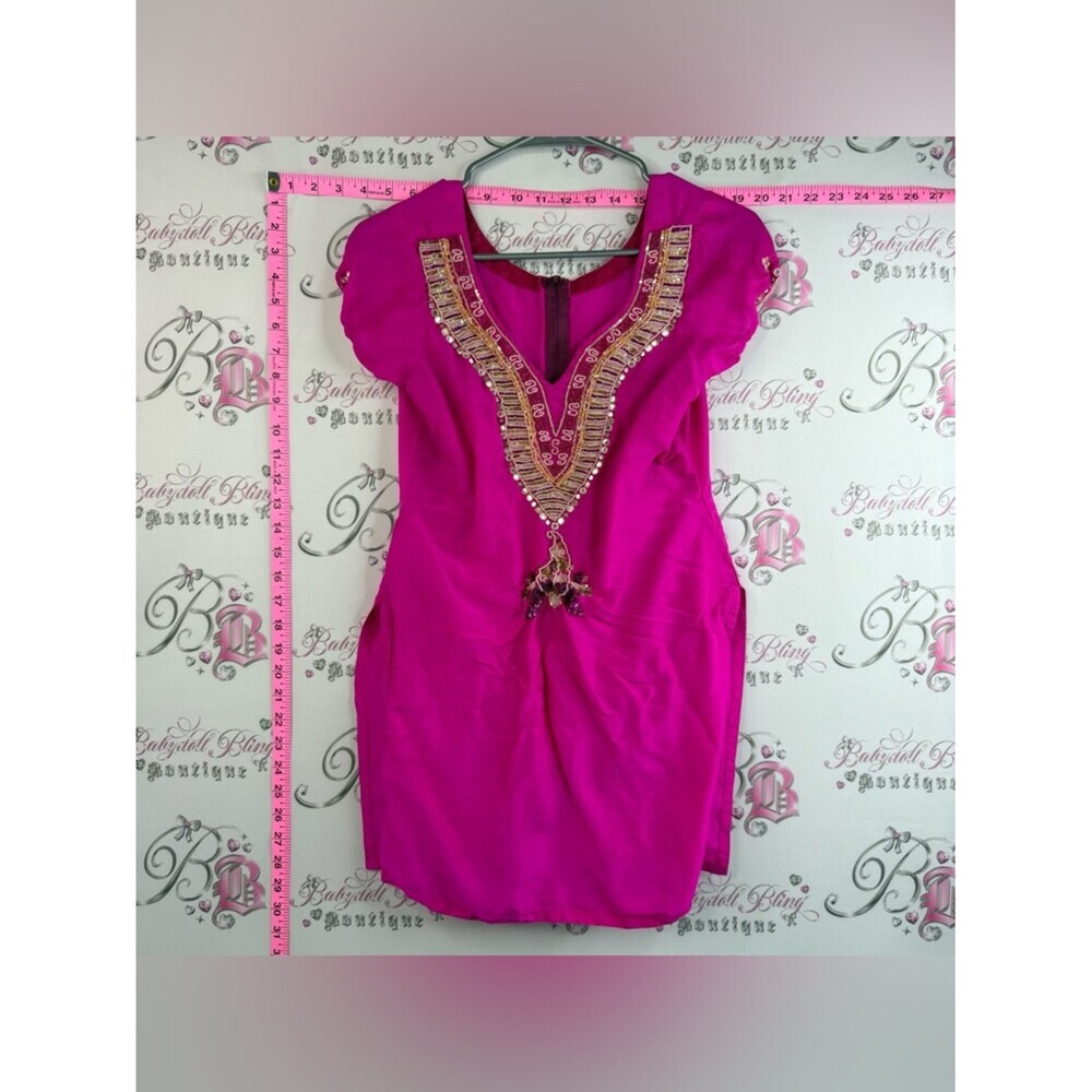 Top or mini dress Fuchsia Embellished V-Neck Women's Tunic Purple, Gold, Green